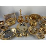A collection of gold coloured metal ware, to include a candlestick formed as a bird, 23cm, and