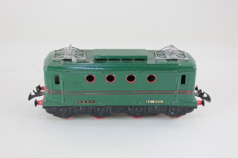 A French Hornby O Gauge electric Bo-Bo model railway locomotive, no. BB-8051, in SNCF green