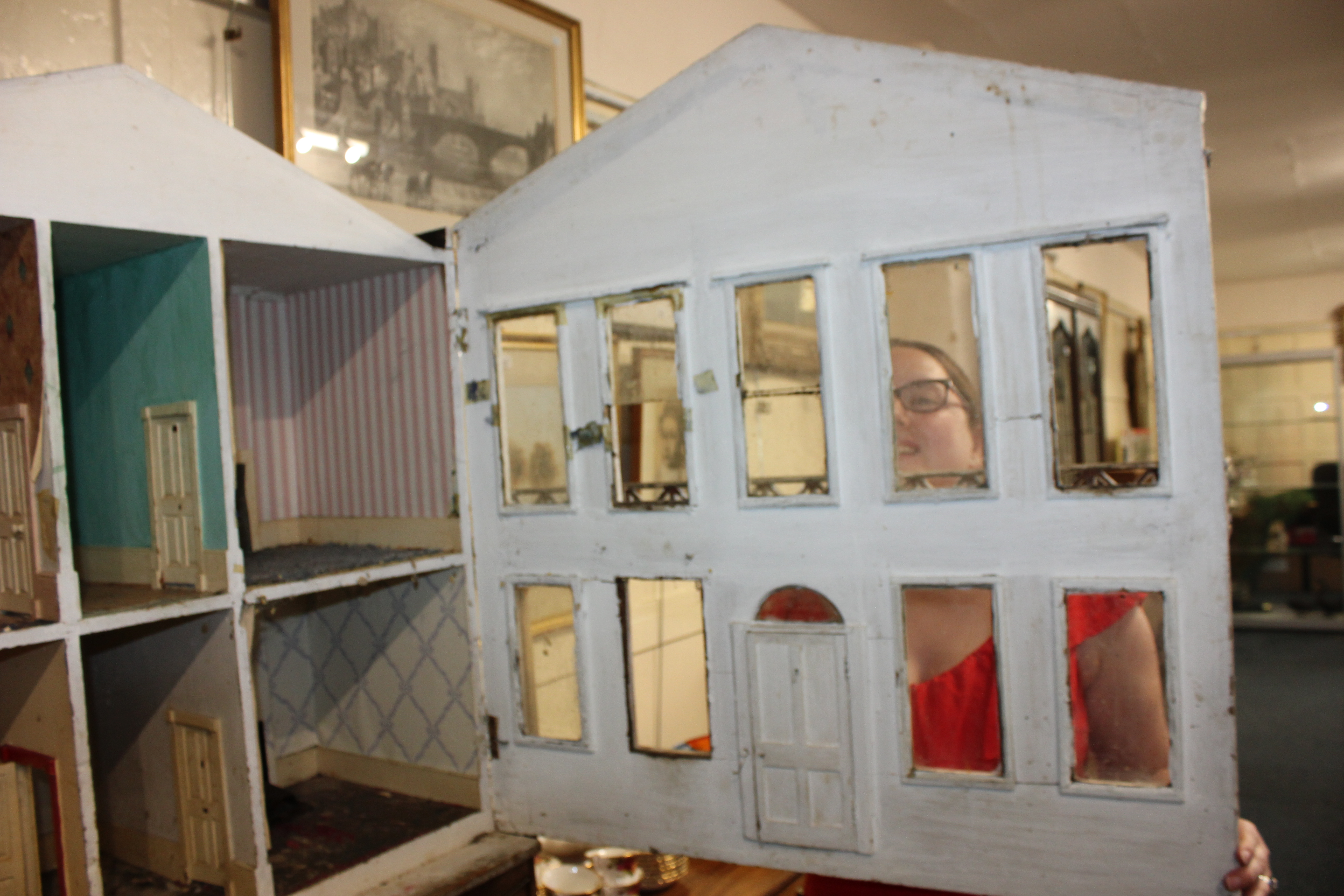 A Regency style white painted wooden dolls house, the hinged facade with pointed pediment, nine - Image 3 of 9