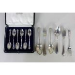 A cased set of six George V silver coffee spoons London 1919, Victorian silver christening fork