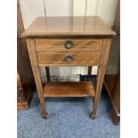 An inlaid mahogany canteen table, containing an old English pattern silver plated part canteen,