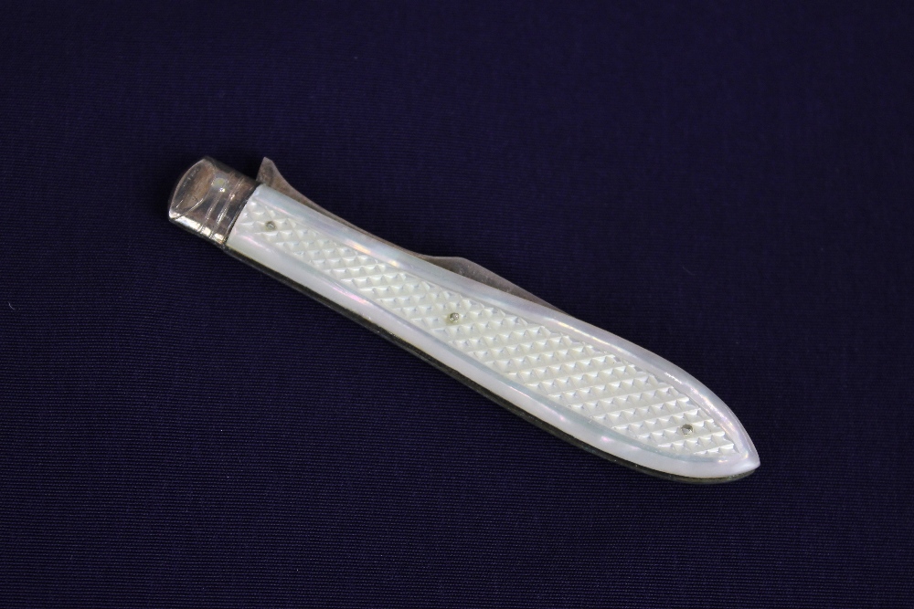 A Victorian silver folding travel fork with mother of pearl handle, in red leather box with name - Image 2 of 2