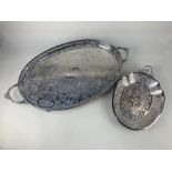 A Bravingtons, London silver plated oval tray, with pierced gallery and engraved foliate design,