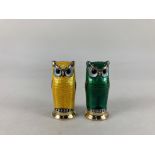 A pair of Norwegian silver gilt and guilloche enamel owl peppers, maker David Andersen, in yellow