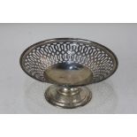 A modern silver circular bon bon dish with pierced border on pedestal base, maker Bishton's Ltd.