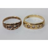 An old cut diamond five stone ring in 18ct gold 5.1g gross, and a gem set ring in 15ct gold 2.2g (