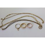 Three 9ct gold neck chains 7.7g, two 9ct rings 2.5g and a 22ct wedding ring