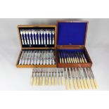 A cased set of twelve pairs of silver plated fish knives and forks with decorative blades and mother
