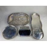 A silver plated meat tray, a silver plated salver with crest (worn plate), a silver plated long