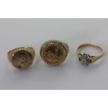 A one tenth Krugerrand gold coin signet ring, a Mexican gold coin ring, both in 9ct gold mounts, and