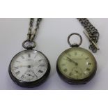 A silver cased open face pocket watch by Waltham and a curb link chain, a silver open face pocket