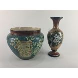 A Doulton Lambeth Slaters baluster vase, the floral design on textured ground, 25cm high, together