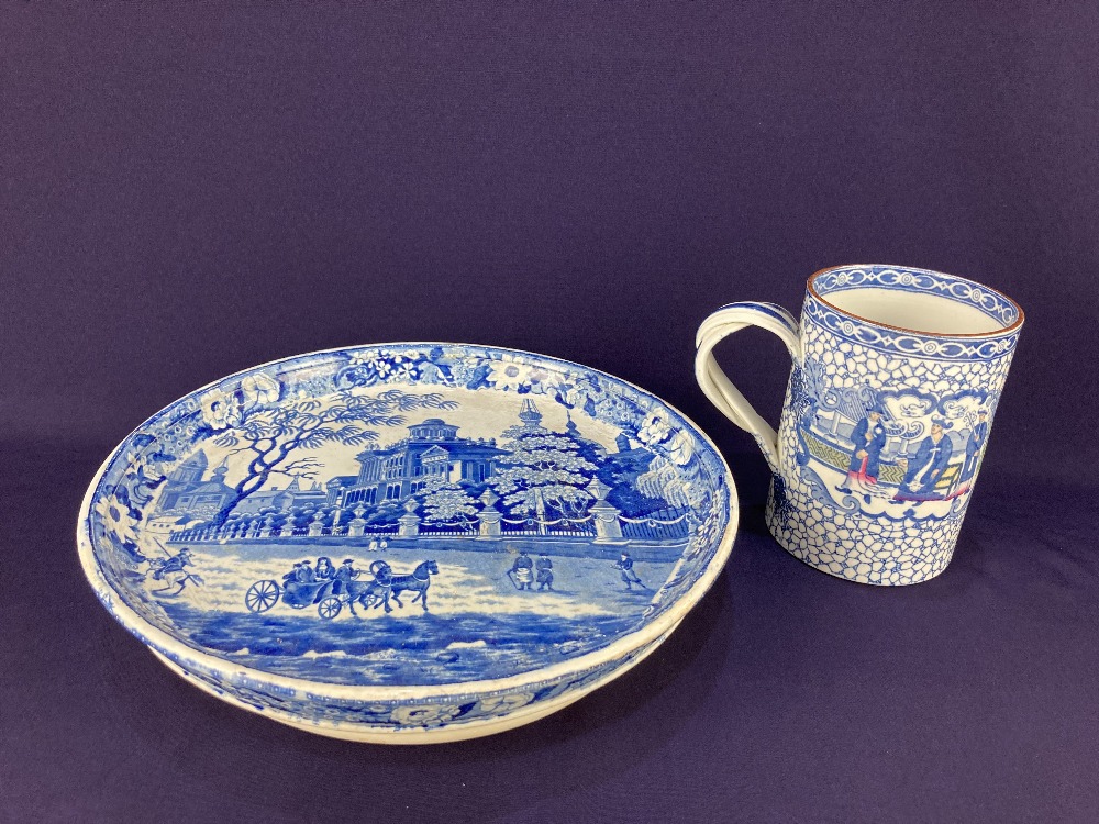 A 19th century blue and white transfer printed pedestal dish, decorated with a scene of horse