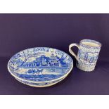 A 19th century blue and white transfer printed pedestal dish, decorated with a scene of horse