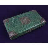 A Leuchars & Son green coloured shagreen and white metal mounted jewellery box, the hinged lid