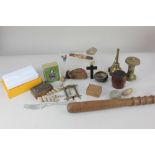 A collection of treen items to include small wooden boxes brass light, watch case, fossils, wooden