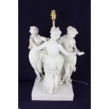 A white porcelain figural table lamp, in the form of the Three Graces around central column support,