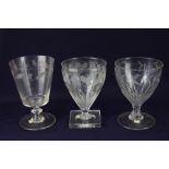 Two late 18th century glass rummers, comprising one with tapered round funnel bowl, etched with