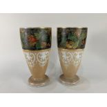 A pair of Victorian painted glass vases, with oak leaf and acorn design on black ground, above