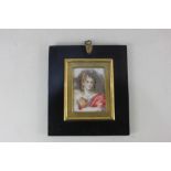 A 19th century rectangular miniature portrait of a lady, with brown eyes and brown ringlets, wearing
