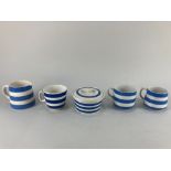 Three pieces of T G Green & Co blue and white striped Cornish Kitchen Ware, comprising two cups, one