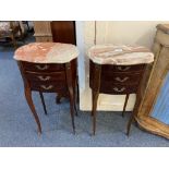 A pair of Louis XV style metal mounted side tables oval form with three drawers and shaped non-