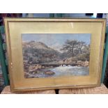 W Collingwood (19th century) cattle watering at a weir with mountain beyond, watercolour,