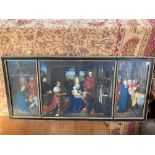After the Italian School, religious scene, visit of the magi, coloured triptych print, 32cm by 75cm