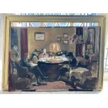 Austrian school, interior scene with figures reading around a table, oil on board, unsigned, 33cm by