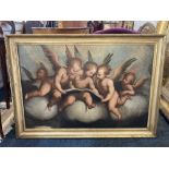 Italian school, group of cherubs reading amongst clouds, oil on canvas, unsigned, 61cm by 90cm