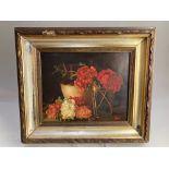 Late 19th / 20th century school, still life of geraniums, glass vase and stoneware jug, oil on