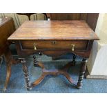 A William and Mary style oak side table single drawer with brass pear shaped drop handles, shaped