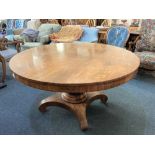 A mid-19th century rosewood circular tilt top breakfast table on column support, platform base and