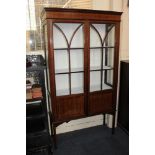 An Edwardian mahogany display cabinet with two glazed doors enclosing two shelves, on square tapered