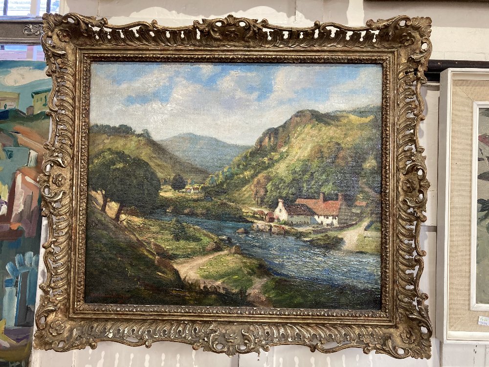 M Michelson-Gordon, mountainous river landscape with white painted buildings, oil on canvas, signed,