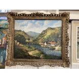 M Michelson-Gordon, mountainous river landscape with white painted buildings, oil on canvas, signed,