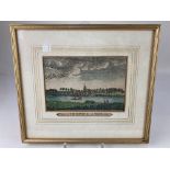An 18th century colour engraving View of Chiswick, with church on the river bank, boat and