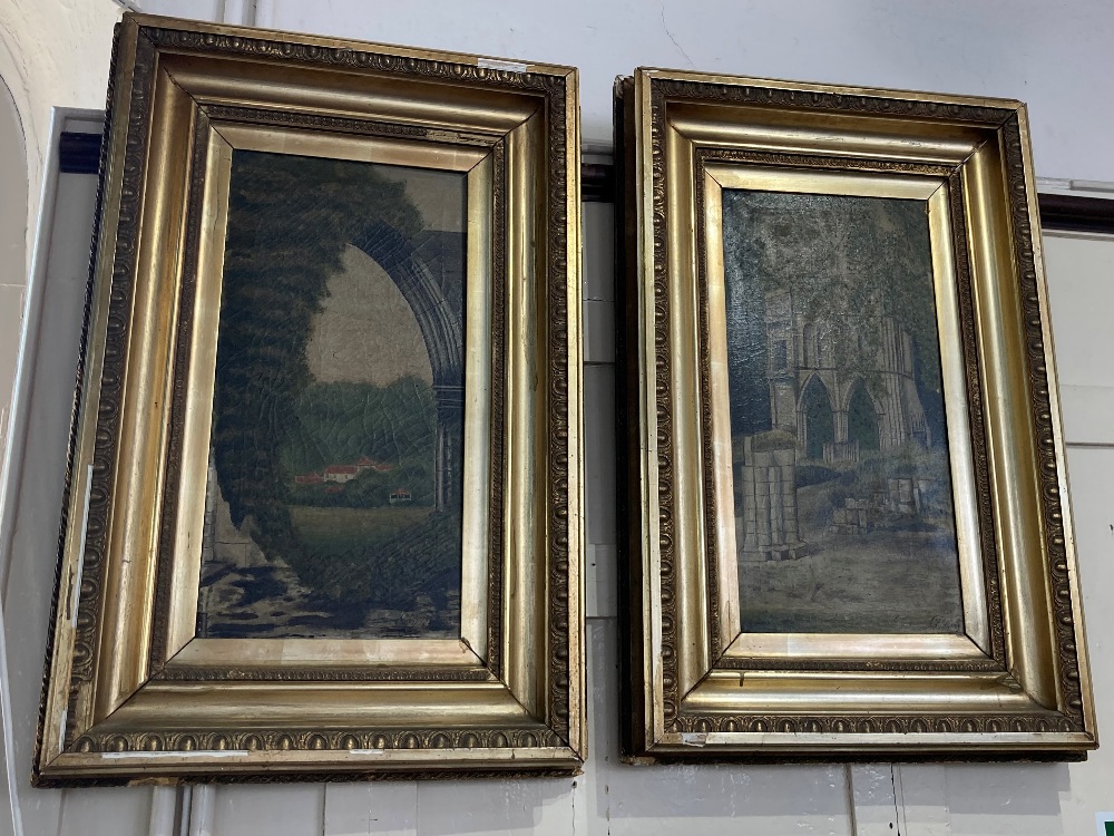 H F Wyver (early 20th century), a pair of naive oil paintings depicting abbey ruins, oil on