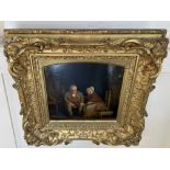 19th century school, couple seated in an interior, oil on panel, unsigned, indistinctly inscribed