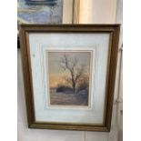 Edward Stamp (b.1939) winter twilight view of a tree at sunset, watercolour, Mall Galleries label,