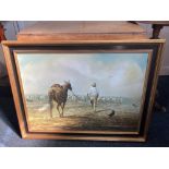 Australian school, farmer herding sheep with horse and dogs, oil on board, unsigned, paper label