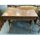 A mahogany sofa table rectangular top with two drawers and drop ring handles on end supports with