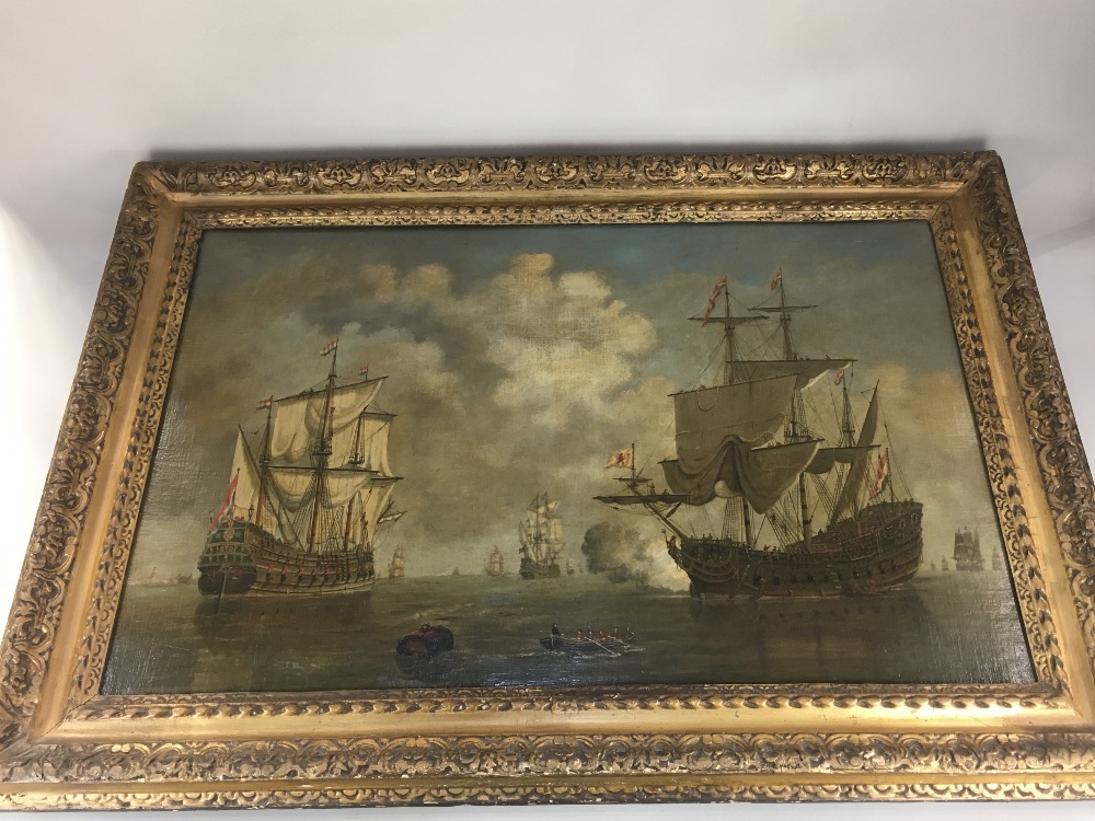 After Van Heydn, maritime battle scene, French warships in the foreground, print on canvas, 53cm