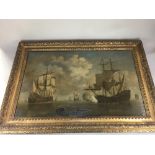 After Van Heydn, maritime battle scene, French warships in the foreground, print on canvas, 53cm