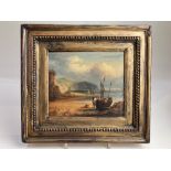 Maritime school, figures and boats beside cliffs, oil on board, unsigned, 13cm by 15.5cm