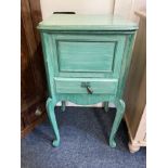 A green painted work / sewing table, the lift up top revealing blue fabric interior, the single
