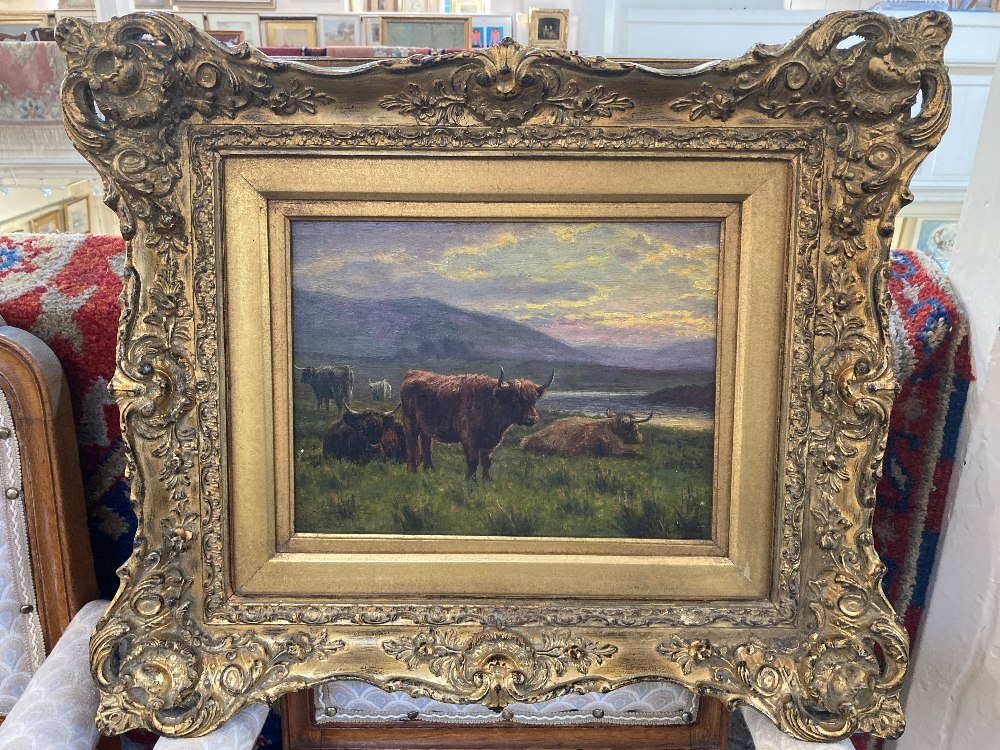 Attributed to Joseph Dixon Clark (1849-1944), highland cattle in a mountainous landscape, oil on