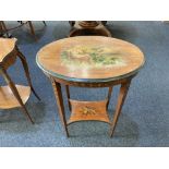 A Victorian satinwood oval occasional table with painted top of a mythological female, on square