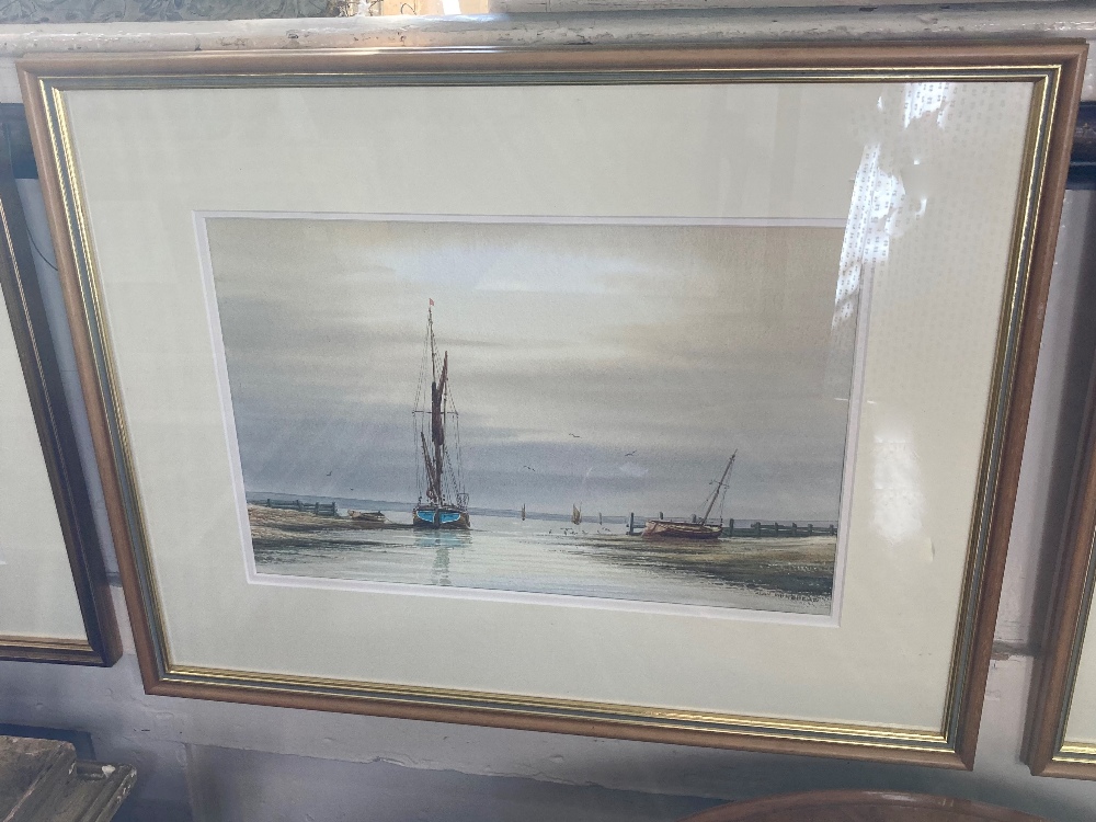 Alan Whitehead (b.1952) moored boats in an estuary, watercolour, Francis Iles gallery label,