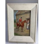 Early 20th century school huntsman on horseback with woman at a cottage door, oil on panel,